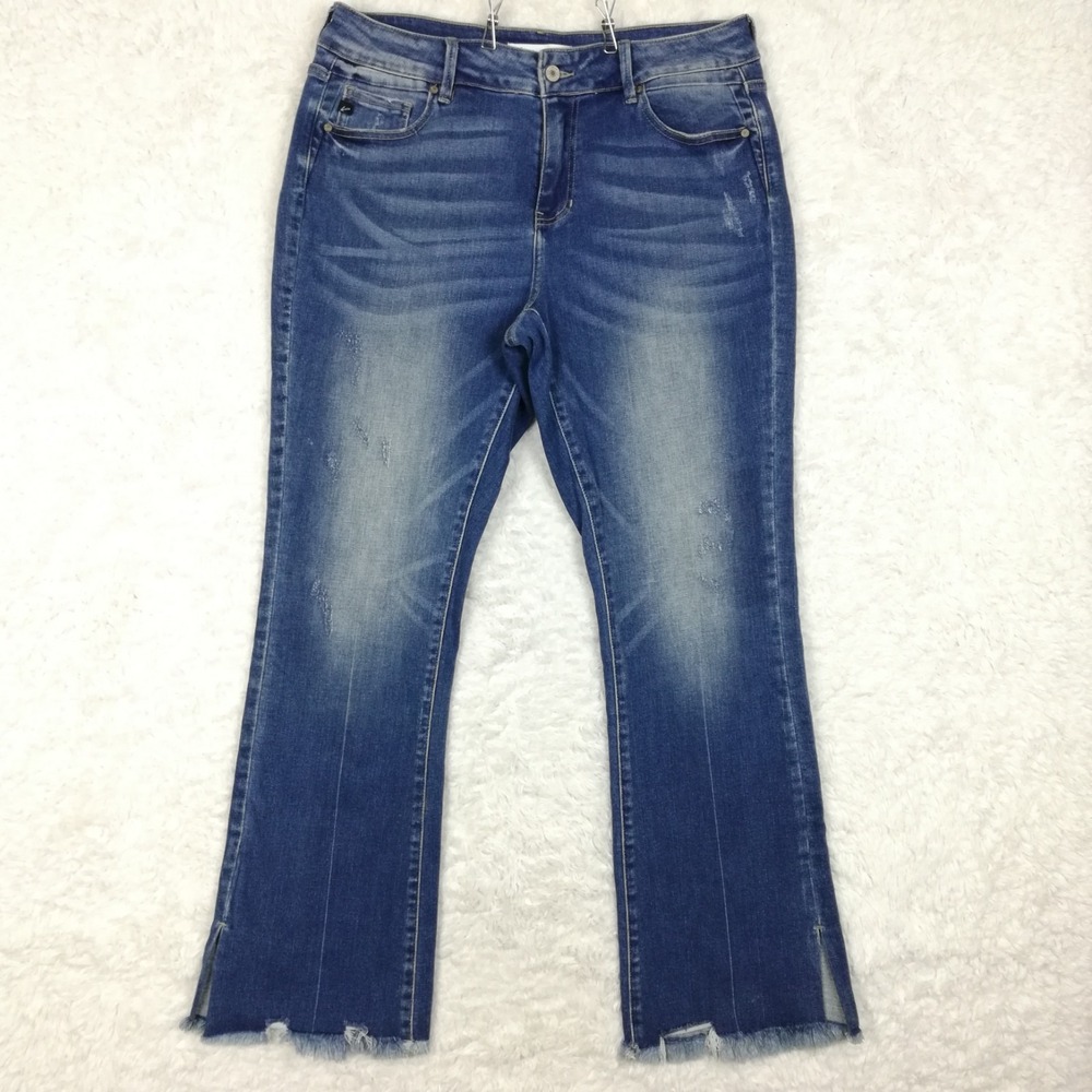 Kancan Womens Flare Blue Denim Distressed Frayed Hem High Rise Stretch 16